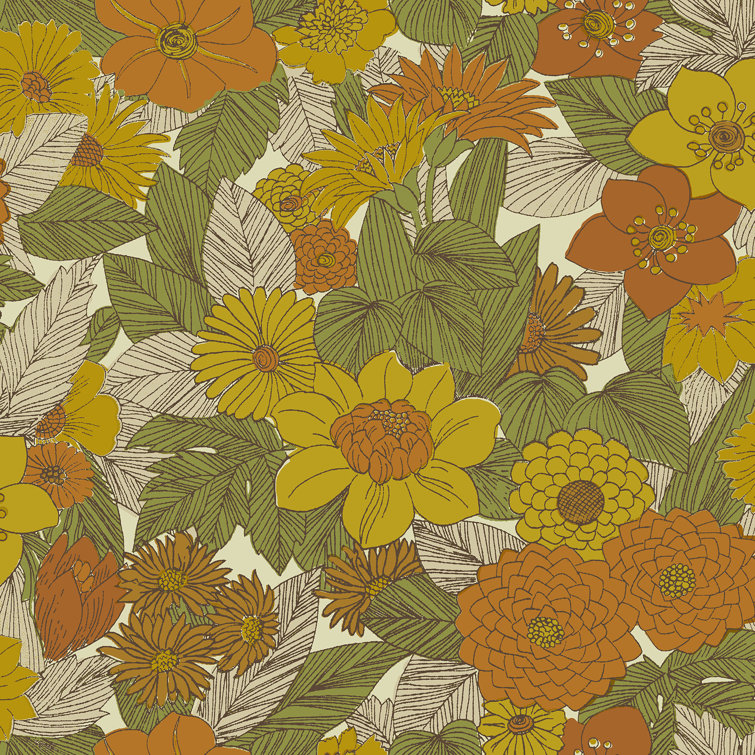 Retro Floral Yellow and Orange Peel and Stick Wallpaper Roll