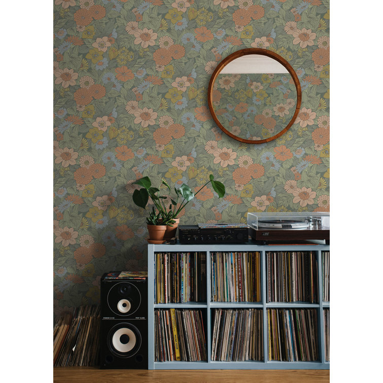 Green Retro Floral Peel and Stick Wallpaper Roll