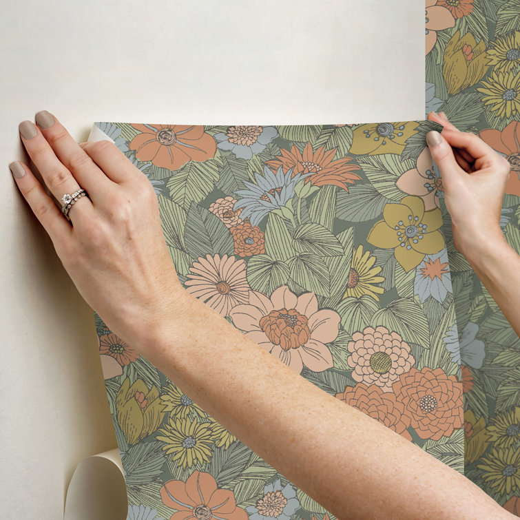 Green Retro Floral Peel and Stick Wallpaper Roll