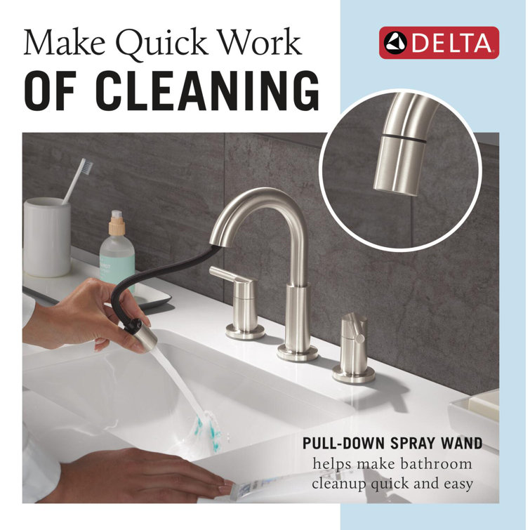 Nicoli Brushed Stainless Steel Widespread Bathroom Faucet with Pull-Down Sprayer