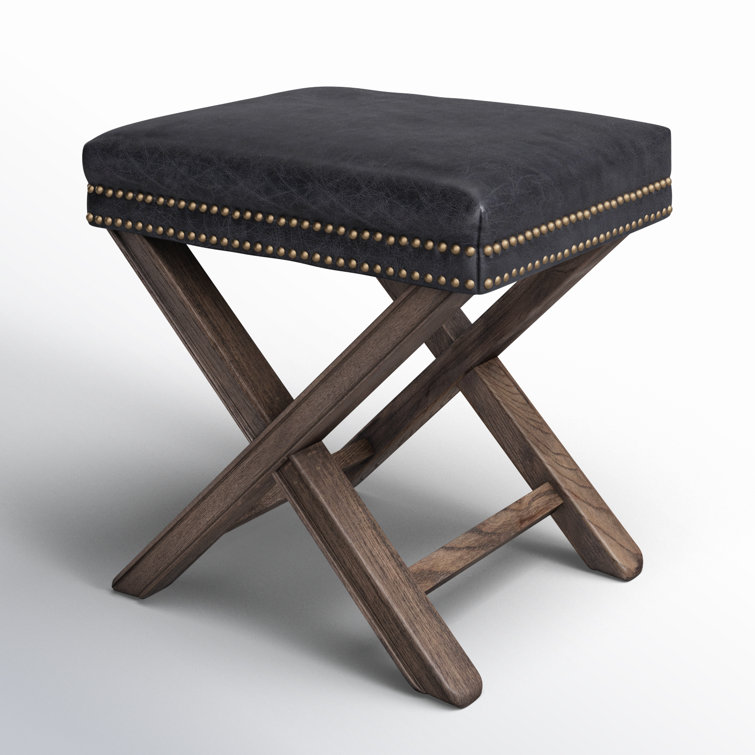 Durango Black Leather 20'' Modern Ottoman with Brass Nailheads