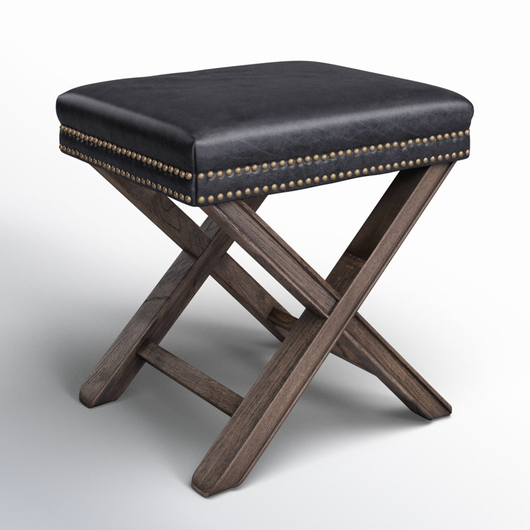 Durango Black Leather 20'' Modern Ottoman with Brass Nailheads