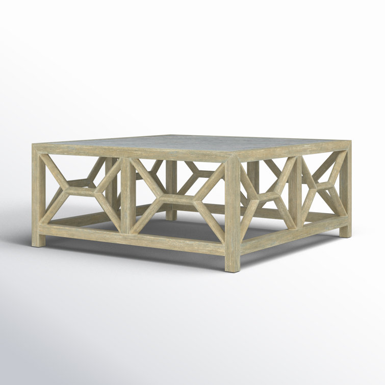 Driftwood Finish Square Wood Cocktail Table with Stone Veneer