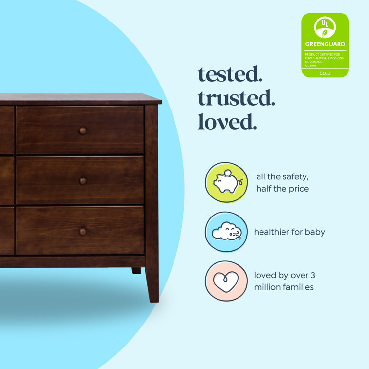Espresso Pine Wood Double Nursery Dresser with 6 Drawers