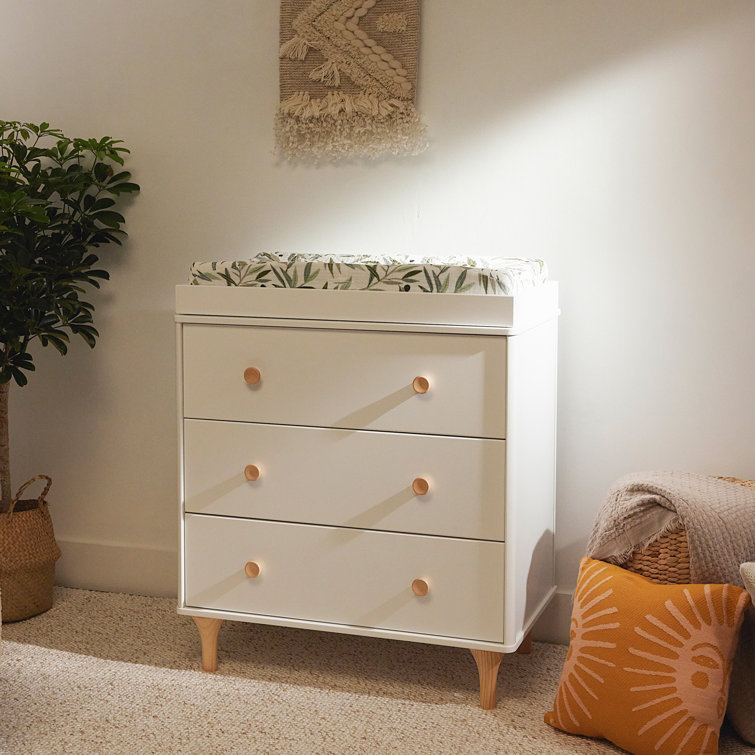 White and Natural Wood 3-Drawer Nursery Dresser with Changing Tray