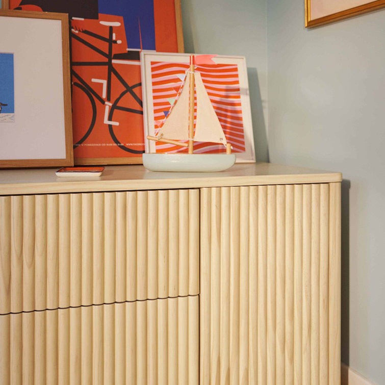 Blonde Wood Large Tambour Panel Dresser with Casters