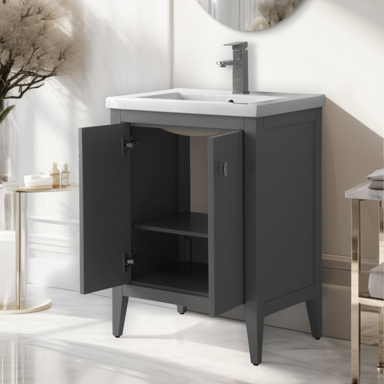 Gray Freestanding Single Bathroom Vanity with Ceramic Top
