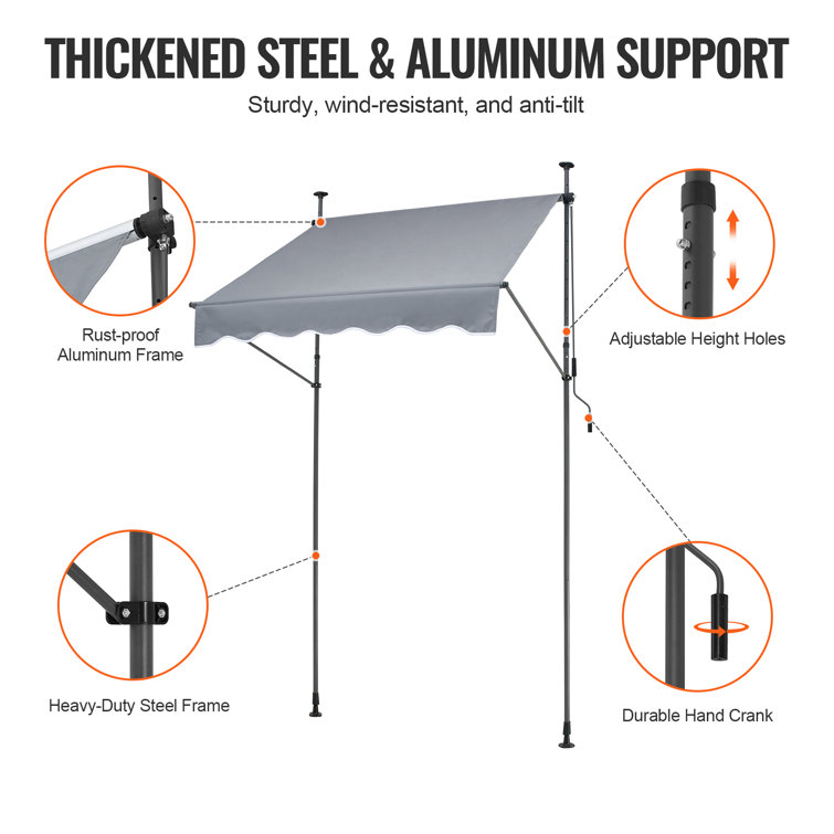 Gray Retractable Patio Awning with Manual Crank, 59" x 47"