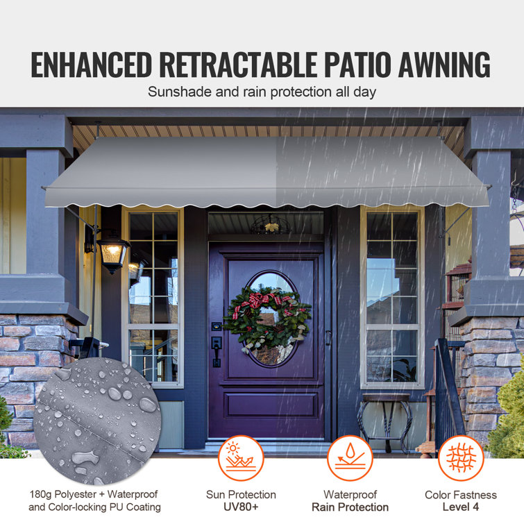 Gray Retractable Patio Awning with Manual Crank Handle