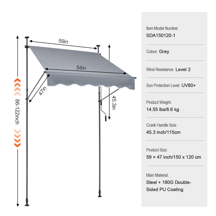 Gray Retractable Patio Awning with Manual Crank, 59" x 47"