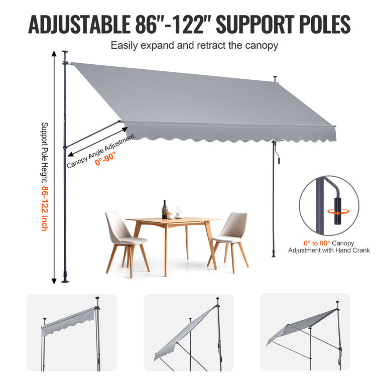 Gray Retractable Patio Awning with Manual Crank Handle
