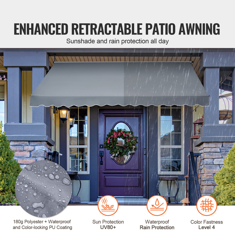 Gray Retractable Patio Awning with Steel Frame and Manual Crank