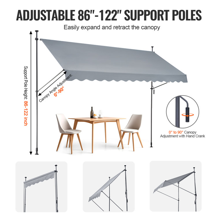 Gray Retractable Patio Awning with Steel Frame and Manual Crank