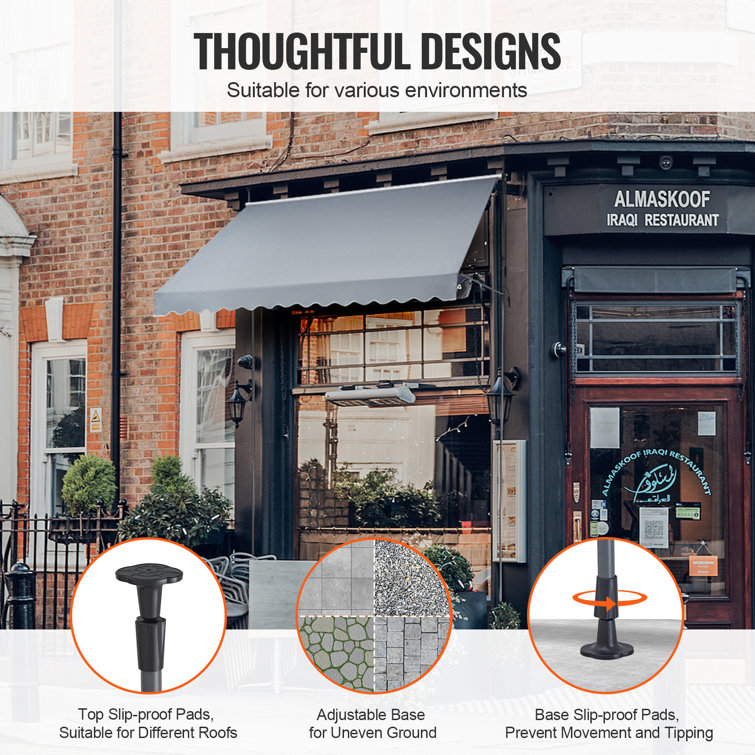 Gray Retractable Patio Awning with Steel Frame and Manual Crank