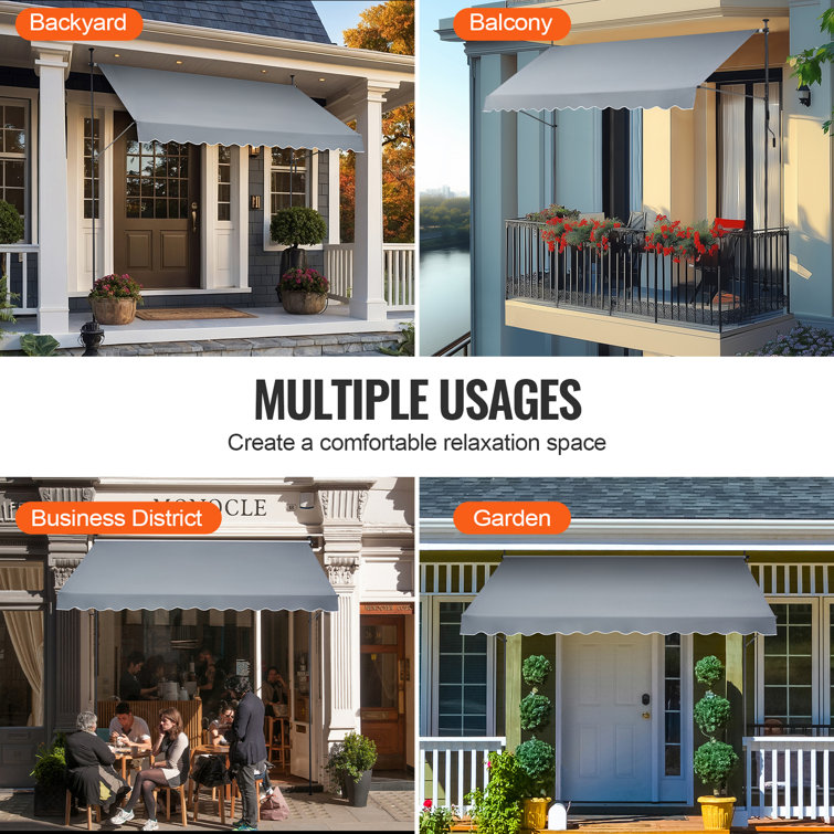 Gray Retractable Patio Awning with Steel Frame and Manual Crank