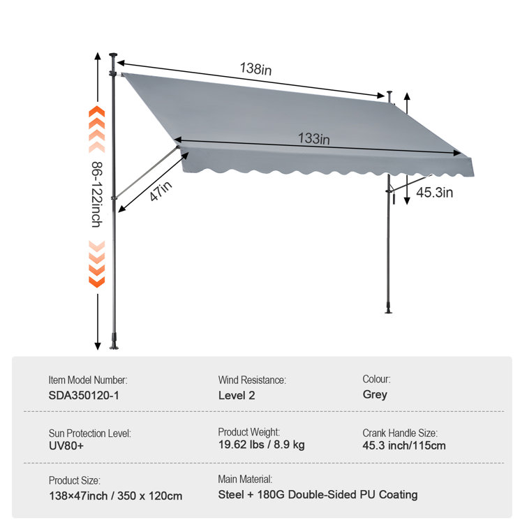 Gray Retractable Patio Awning with Steel Frame and Manual Crank