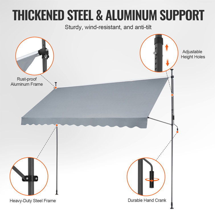 Gray Retractable Patio Awning with Steel Frame and Manual Crank