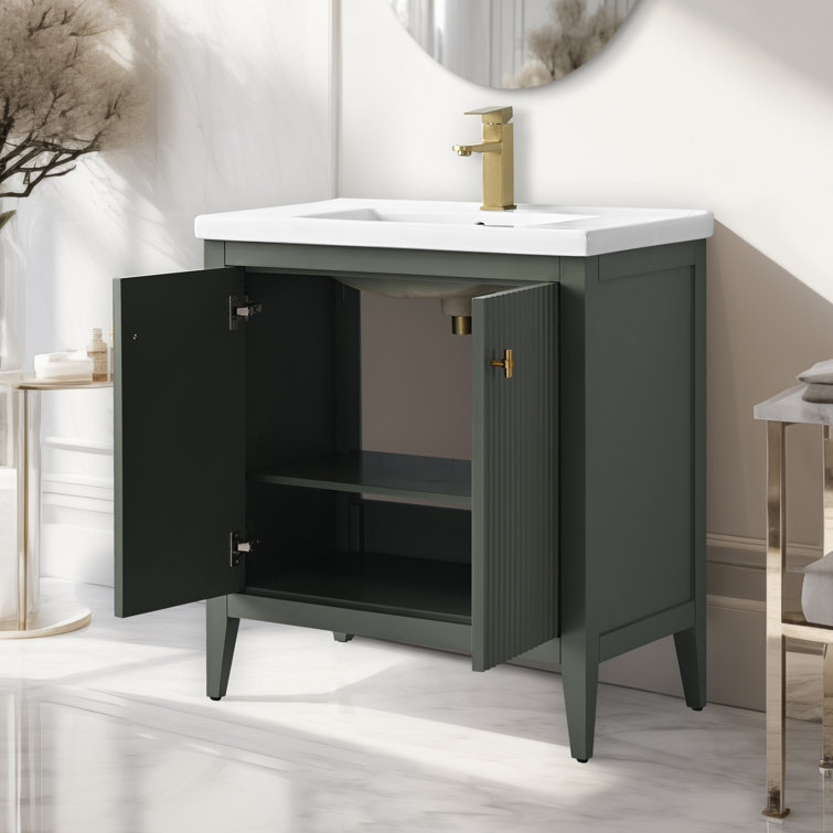 30" Green and Gold Poplar Wood Single Sink Bathroom Vanity