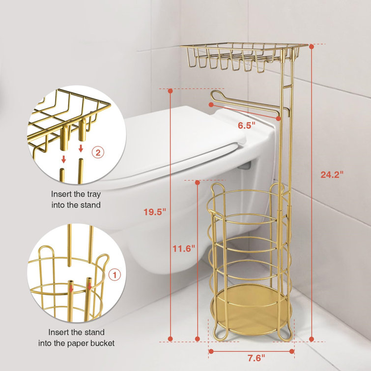 Gold Metal Free Standing Toilet Paper Holder with Storage Tray