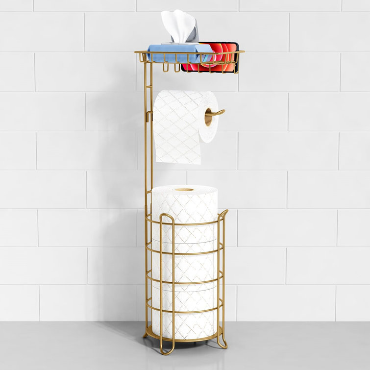 Gold Metal Free Standing Toilet Paper Holder with Storage Tray