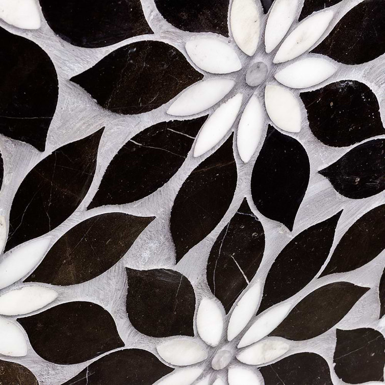Thistle Black and White Polished Marble Mosaic Tile Sheet