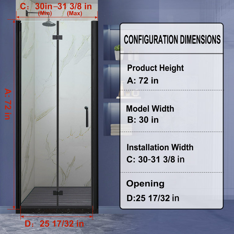 Matte Black Frameless Bifold Glass Shower Door 30" x 72"