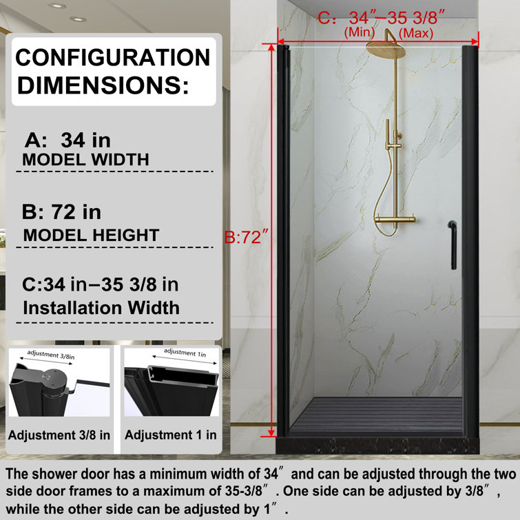 Matte Black Frameless Pivot Shower Door with Clear Glass