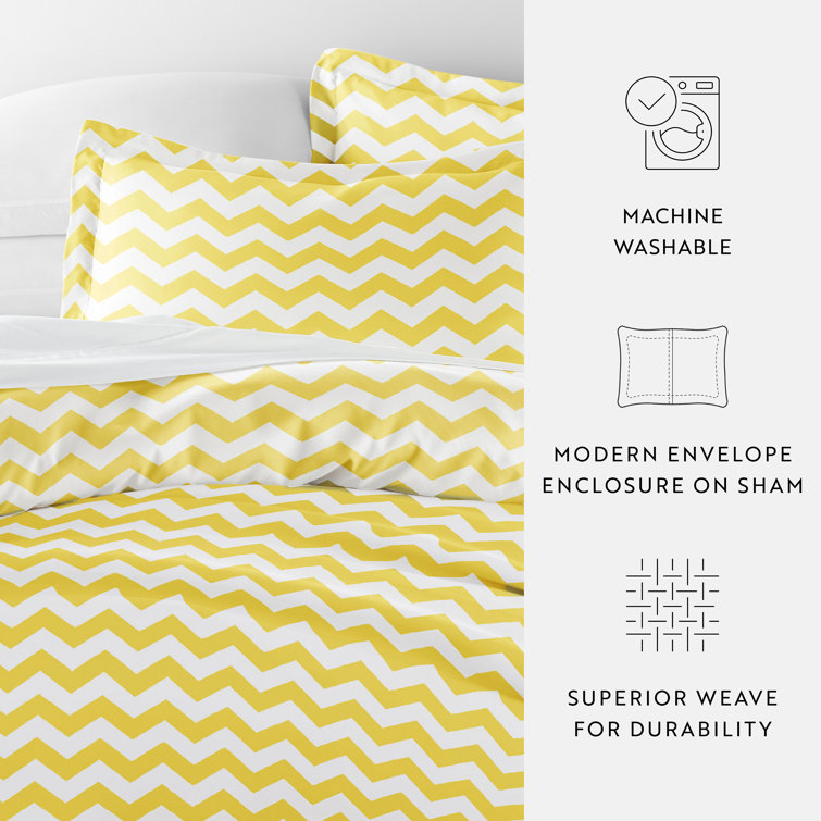 Queen Yellow and White Microfiber Geometric Duvet Cover Set