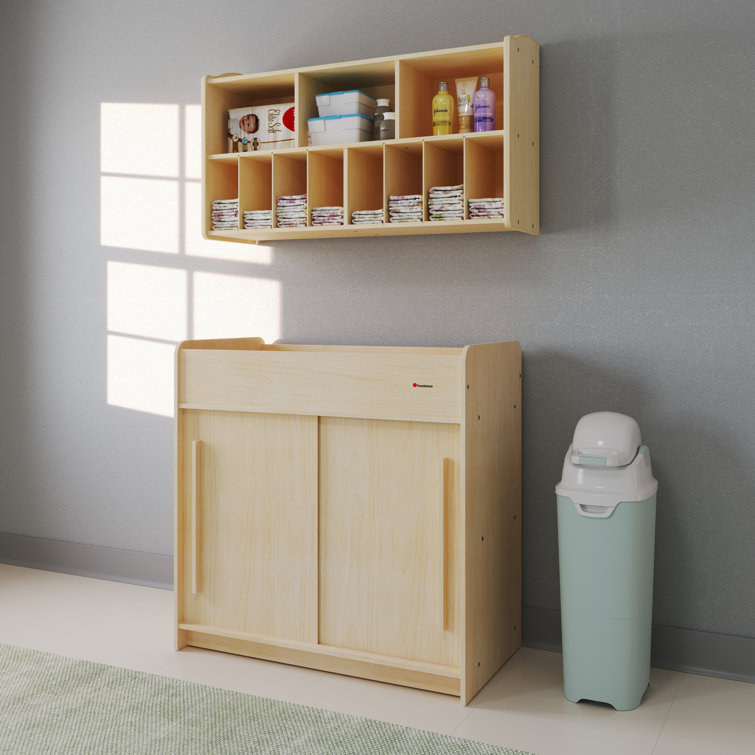 Natural Wood Changing Table with Adjustable Safety Strap and Storage Shelves