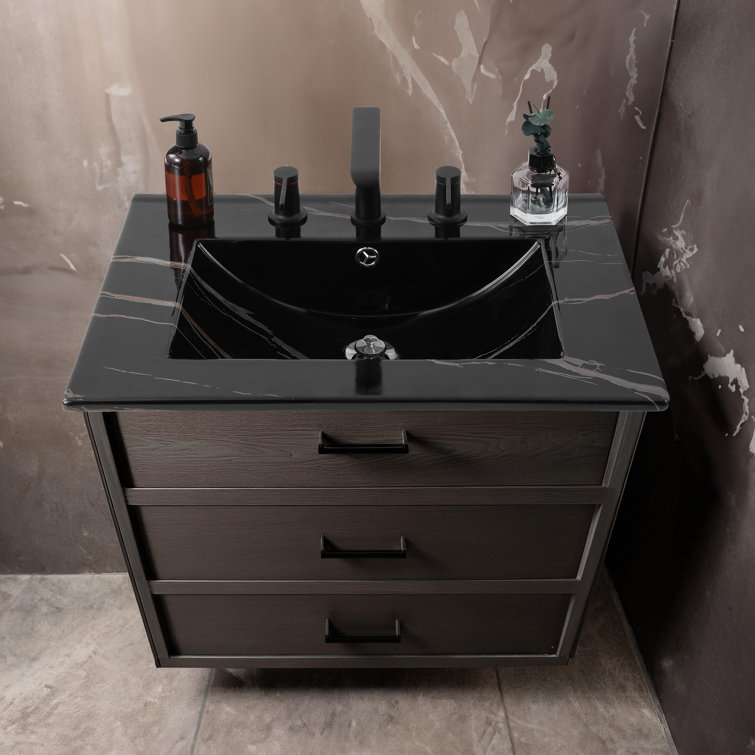24" Black Marble Effect Ceramic Single Sink Vanity Top