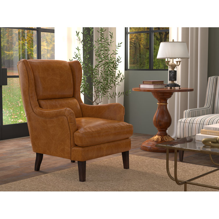 Elite Dark Brown Genuine Leather Wingback Chair with Wooden Legs