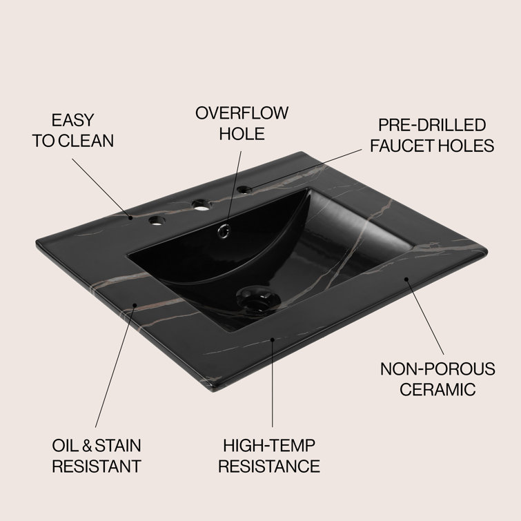 24" Black Marble Effect Ceramic Single Sink Vanity Top