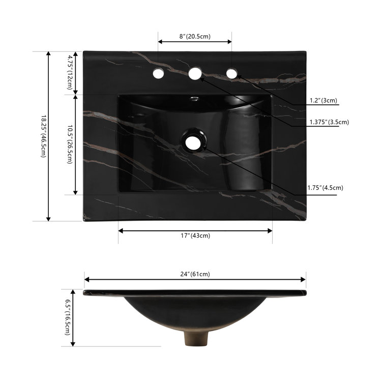 24" Black Marble Effect Ceramic Single Sink Vanity Top