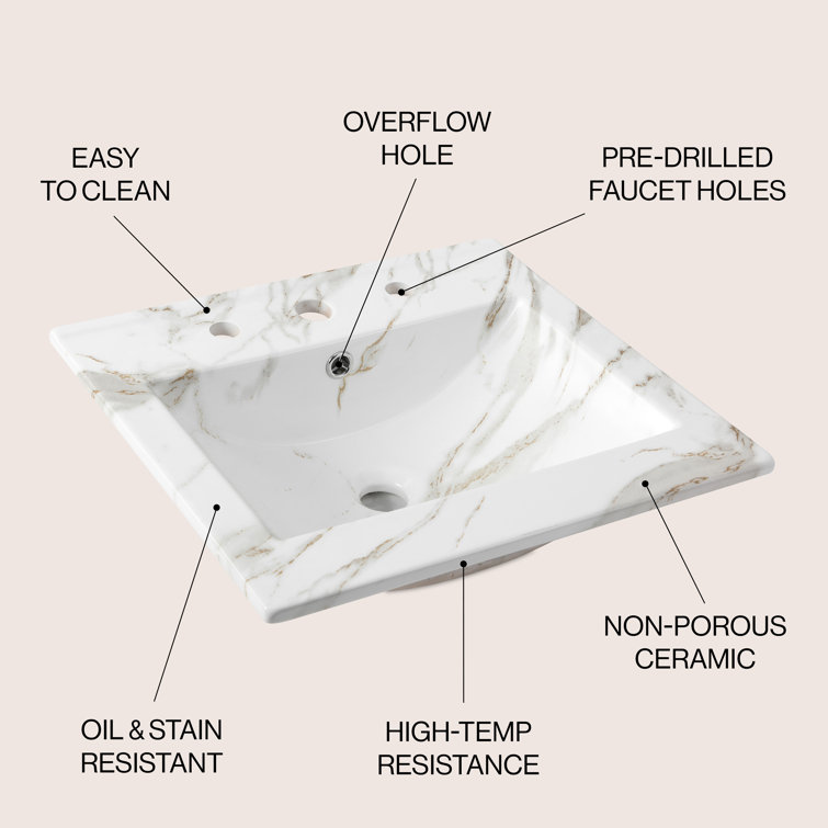 Ancillary 20" White Marble Effect Ceramic Rectangular Single Sink Basin Vanity Top