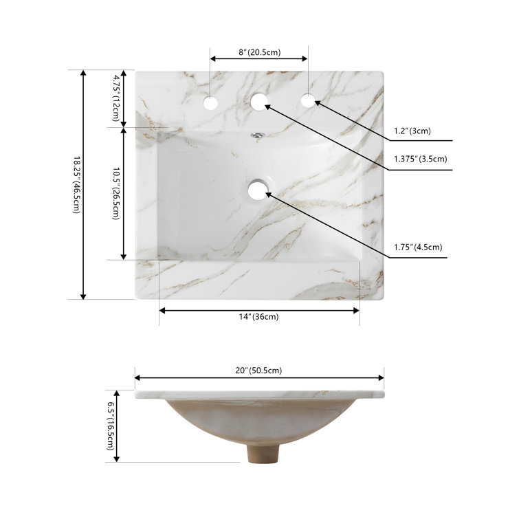 Ancillary 20" White Marble Effect Ceramic Rectangular Single Sink Basin Vanity Top