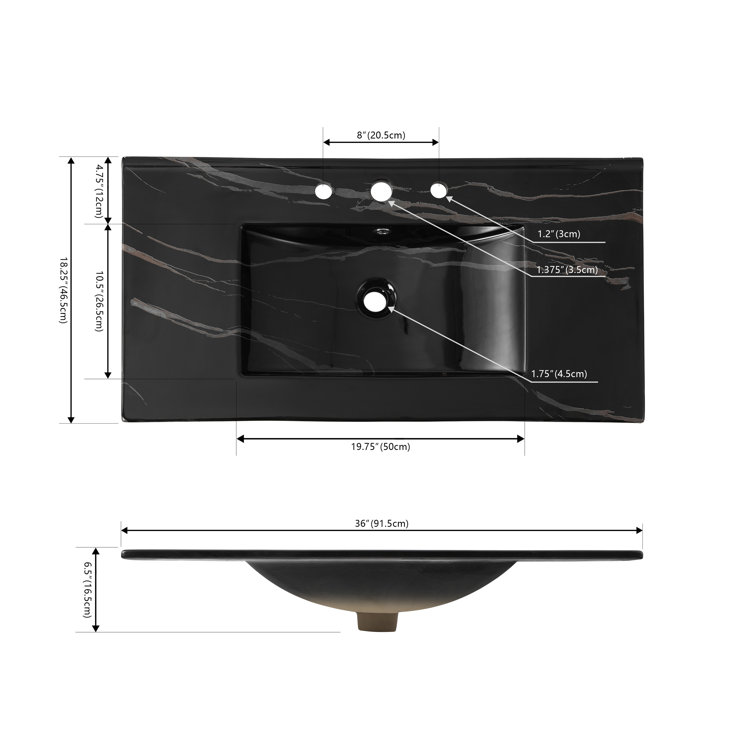 Ancillary 36" Black Marble Ceramic Rectangular Single Sink Vanity Top