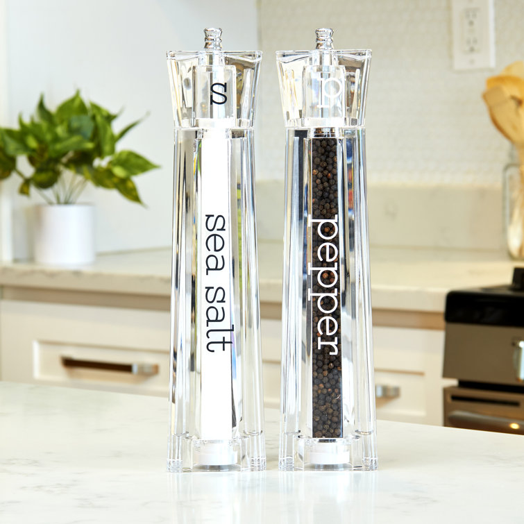 Clear Acrylic Salt and Pepper Shakers with Pink and Orange Letters