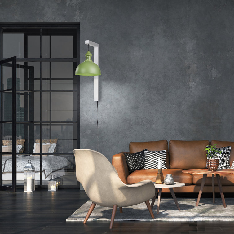 Green and White Industrial Plug-In Wall Sconce with Metal Dome Shade