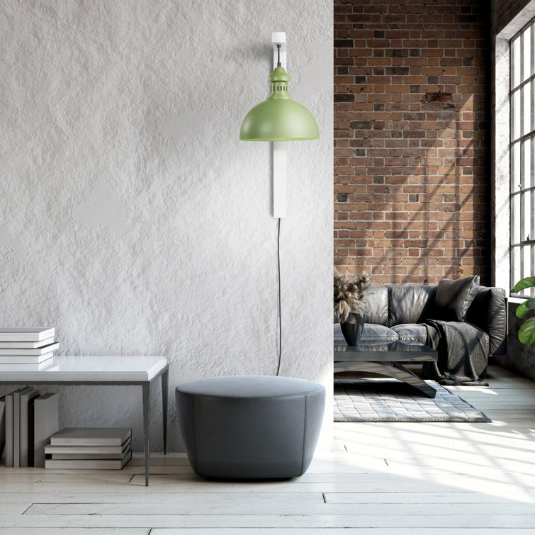 Green and White Industrial Plug-In Wall Sconce with Metal Dome Shade