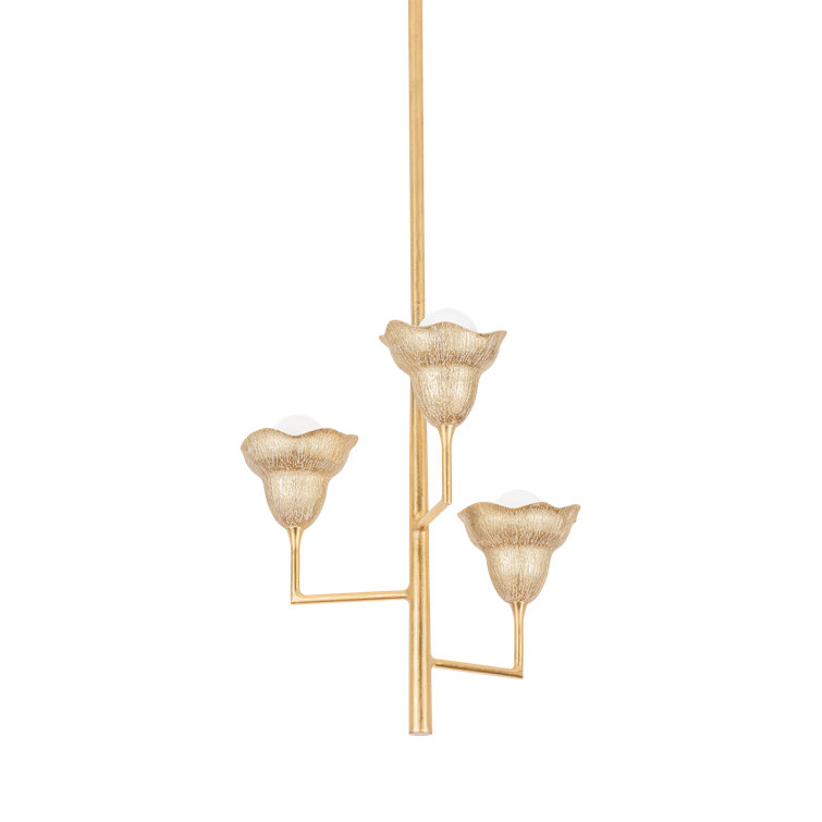 Vintage Gold Leaf Gilded Ivory 3-Light Floral Chandelier