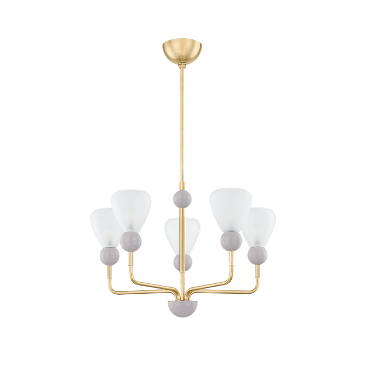 Aged Brass and Soft Peignoir 5-Light Chandelier with Etched Matte Glass