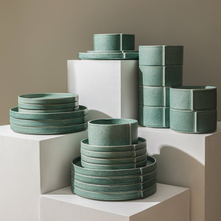 Green and White Ceramic 24-Piece Dinnerware Set for 8