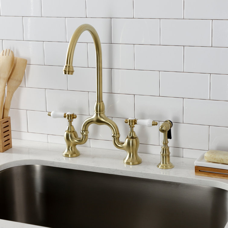 Brushed Brass Victorian Bridge Kitchen Faucet with Side Sprayer