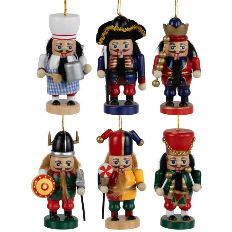 Set of 6 Multicolor Wooden Nutcracker Christmas Ornaments
