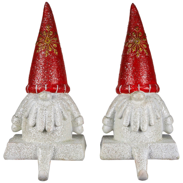 Festive Red Glittered Gnome Christmas Stocking Holders - Set of 2