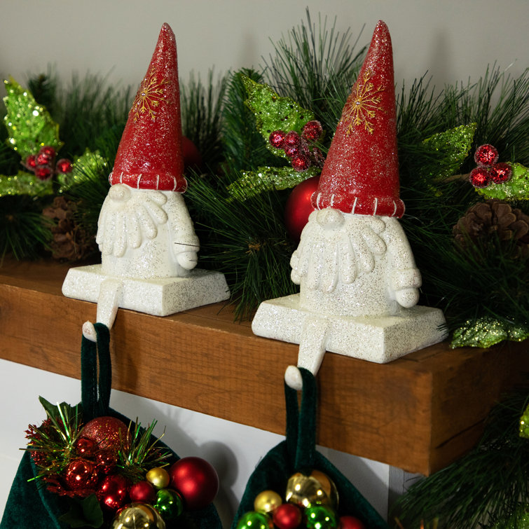 Festive Red Glittered Gnome Christmas Stocking Holders - Set of 2