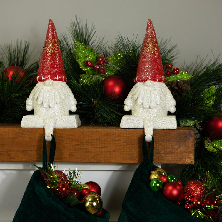 Festive Red Glittered Gnome Christmas Stocking Holders - Set of 2