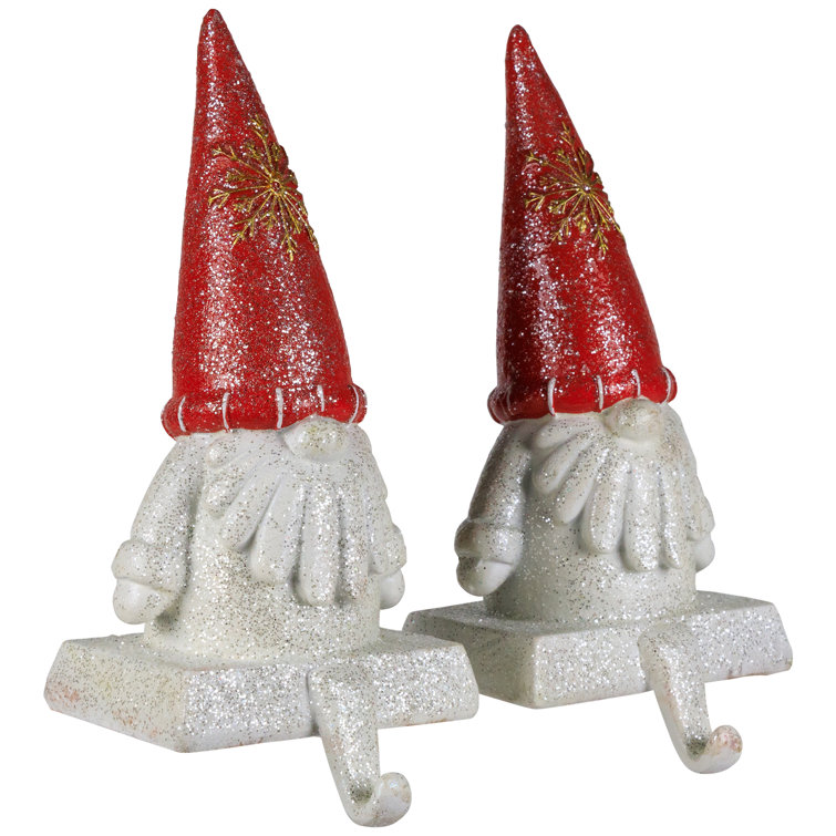 Festive Red Glittered Gnome Christmas Stocking Holders - Set of 2