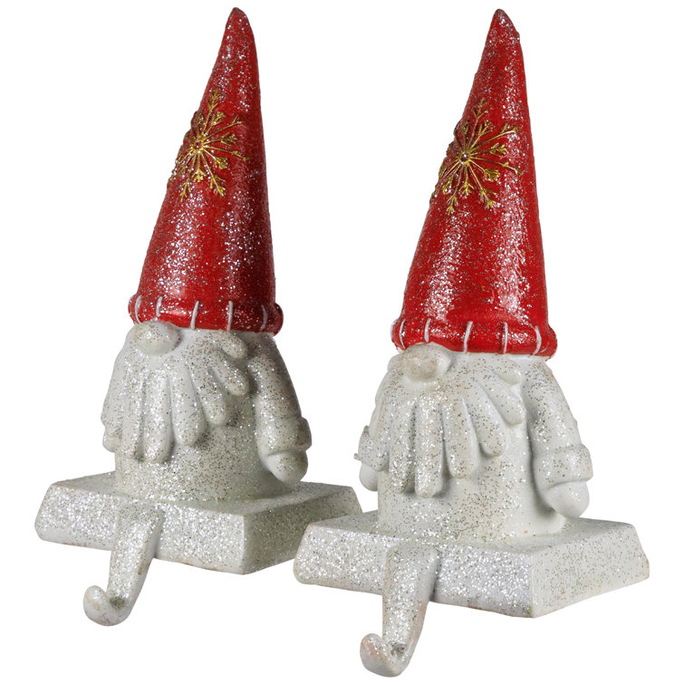 Festive Red Glittered Gnome Christmas Stocking Holders - Set of 2