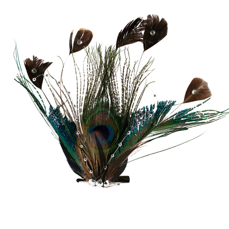 Peacock Feather Clip-On Ornament with Faux Crystals and Beads